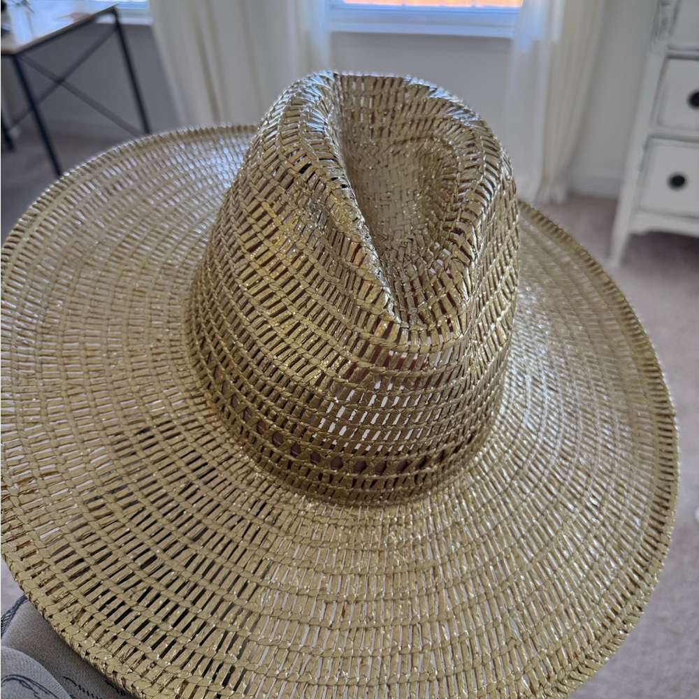 Anthropologie Metallic Gold Straw Fedora Hat